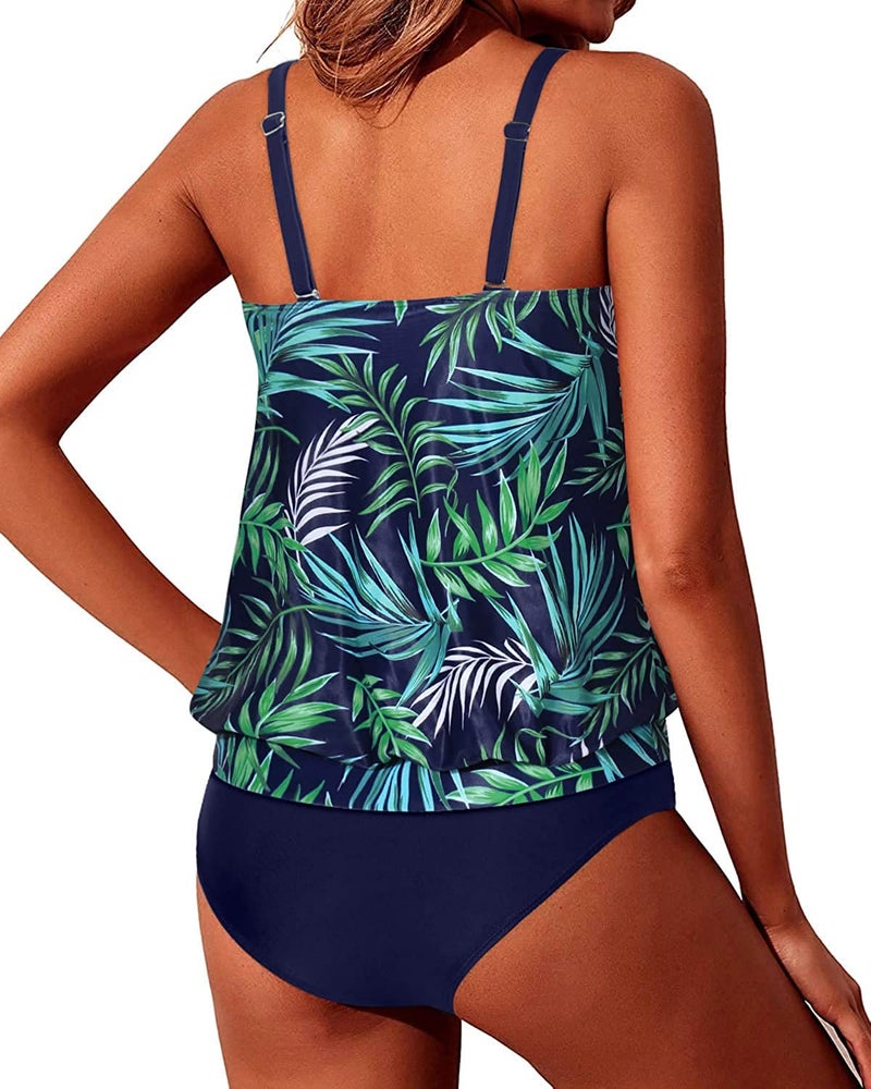 Yonique Two Piece Tankini Swimsuits for Women Blouson Bathing Suits Modest Swimwear Blue and Green Leaves XL - Image 4